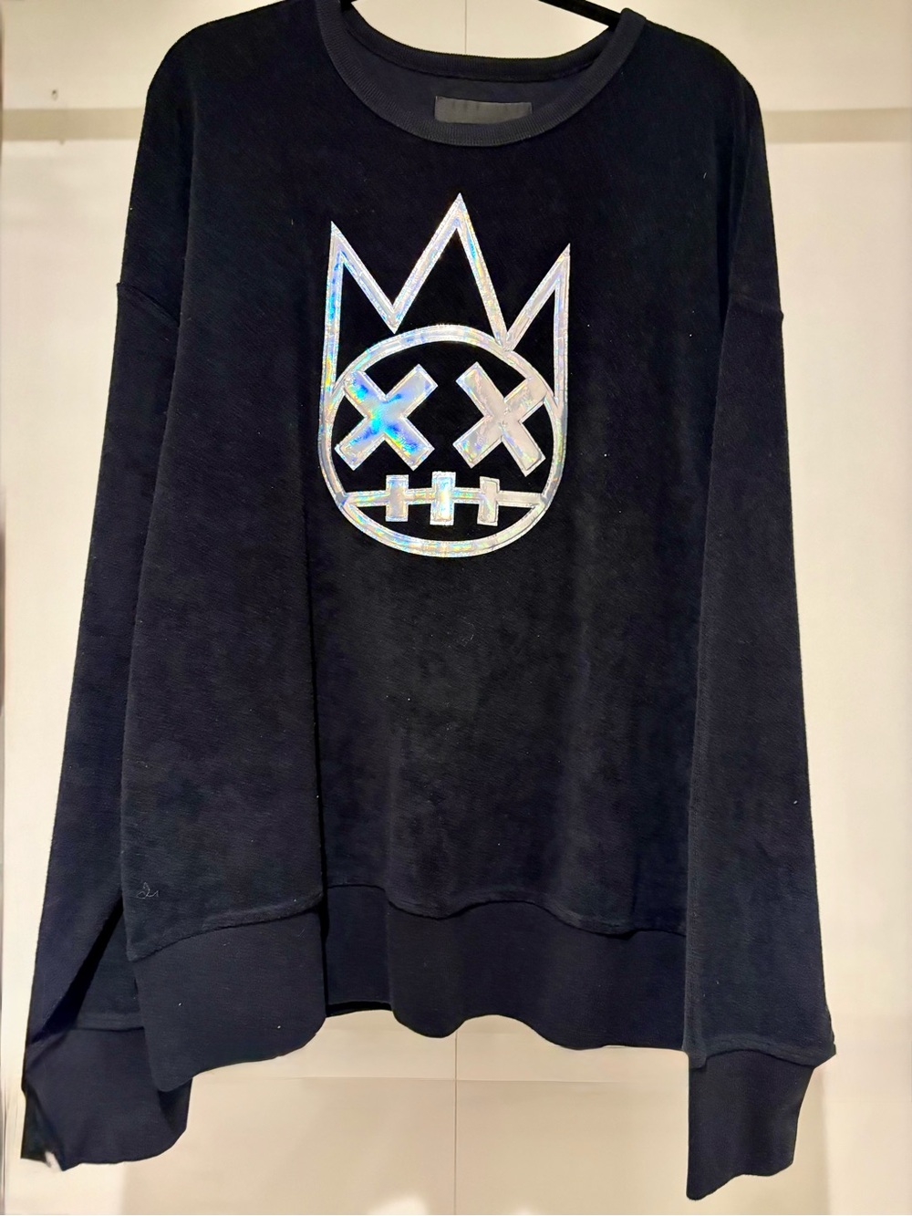 Cult of Individuality Black Crewneck Sweater with Iridescent Crown Graphic